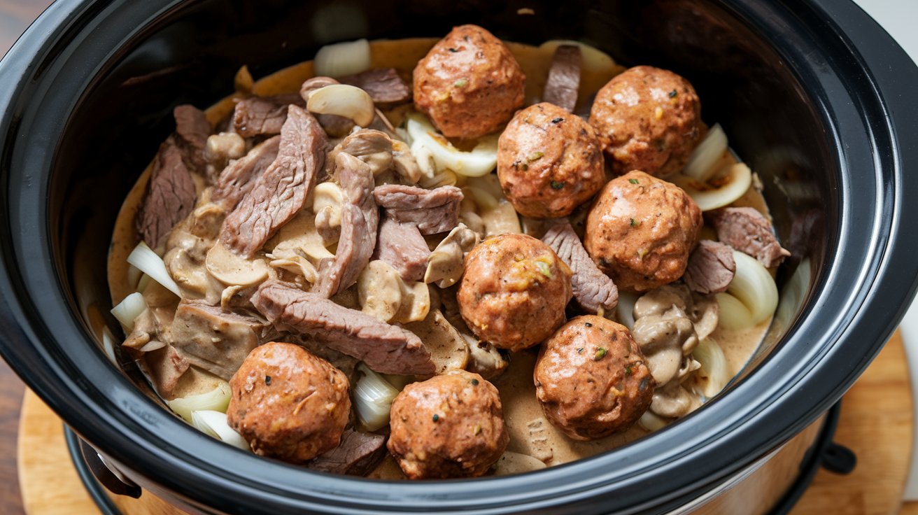 Beef Stroganoff with Meatballs in Slow Cooker